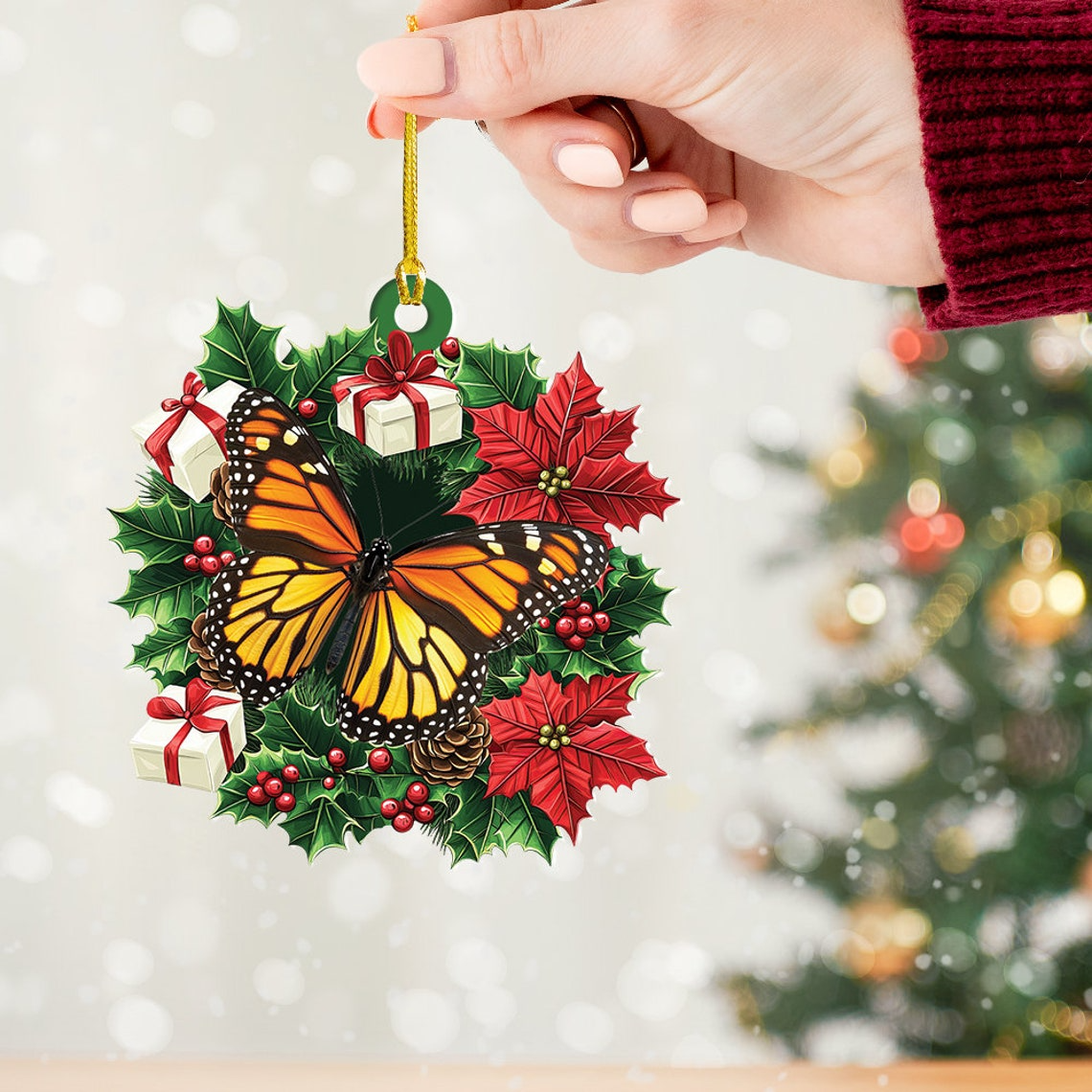 Butterfly Christmas Tree Wreath Ornament, Butterfly Rearview Mirror Car Ornament Holiday Gift