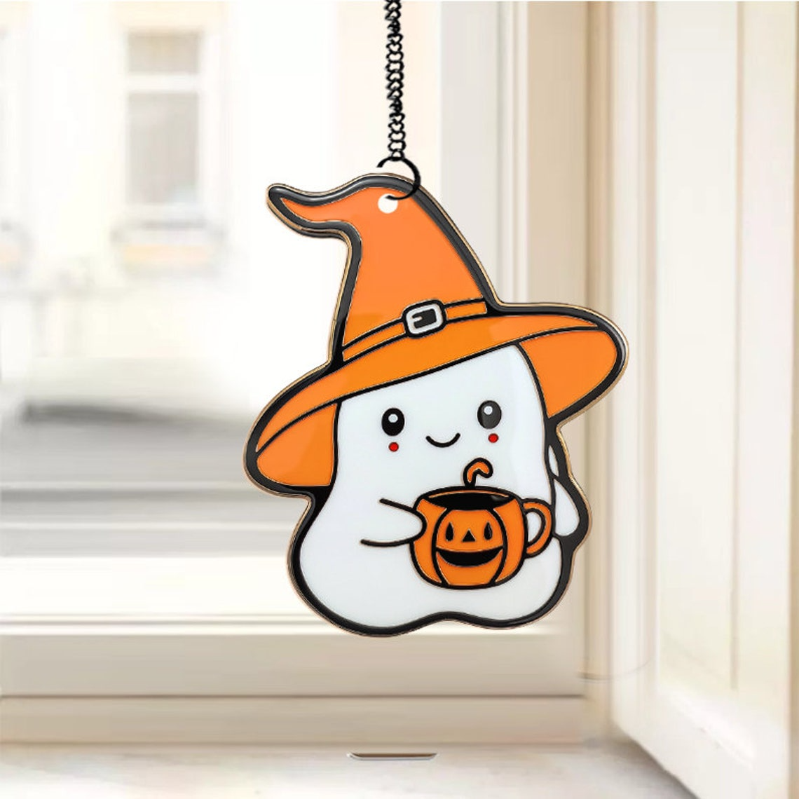 Witchy Ghost Funny and Pumpkin Halloween Suncatcher, Halloween Ghost Hanging Decor