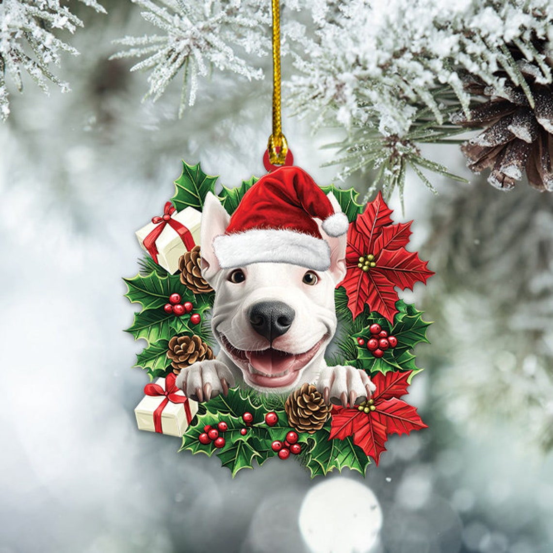 Bull Terrier Dog Christmas Wreath Ornament, Ornament Bull Terrier Dog Christmas Hanging Decor Gift