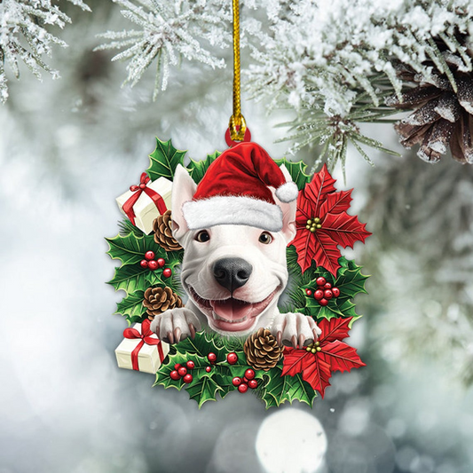 Bull Terrier Dog Christmas Wreath Ornament, Ornament Bull Terrier Dog Christmas Hanging Decor Gift