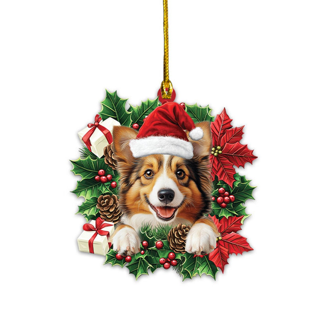 Shetland Sheepdog Christmas Wreath Ornament, Shetland Sheepdog Hanging Christmas Ornament