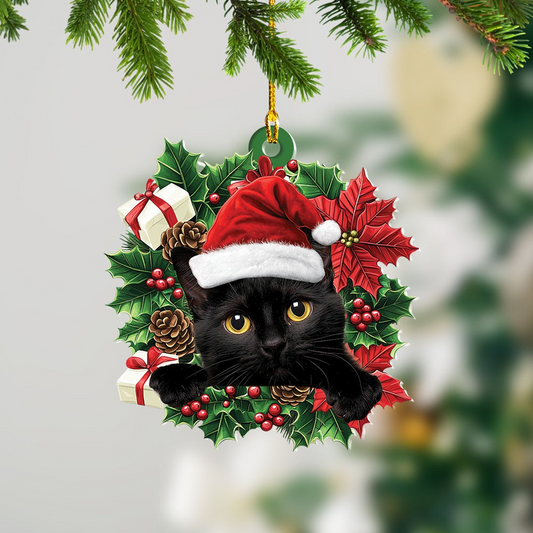 Black Cat Christmas Wreath Ornament, Christmas Black Cat Car Ornament Holiday Decor