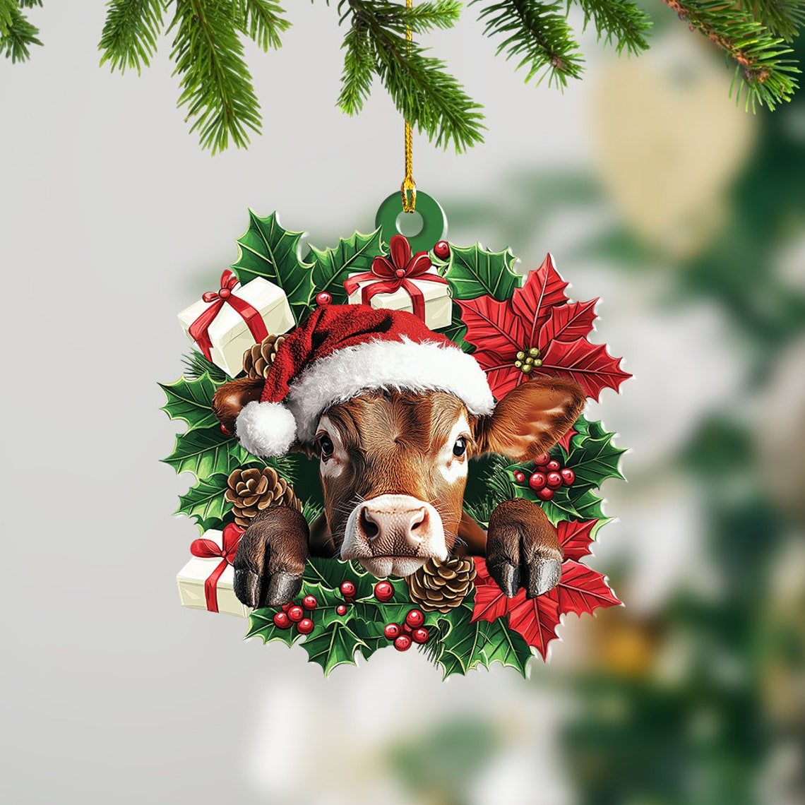 Cow Hanging Christmas Wreath Ornament, Ornament Christmas Cow Rearview Mirror Car Decor