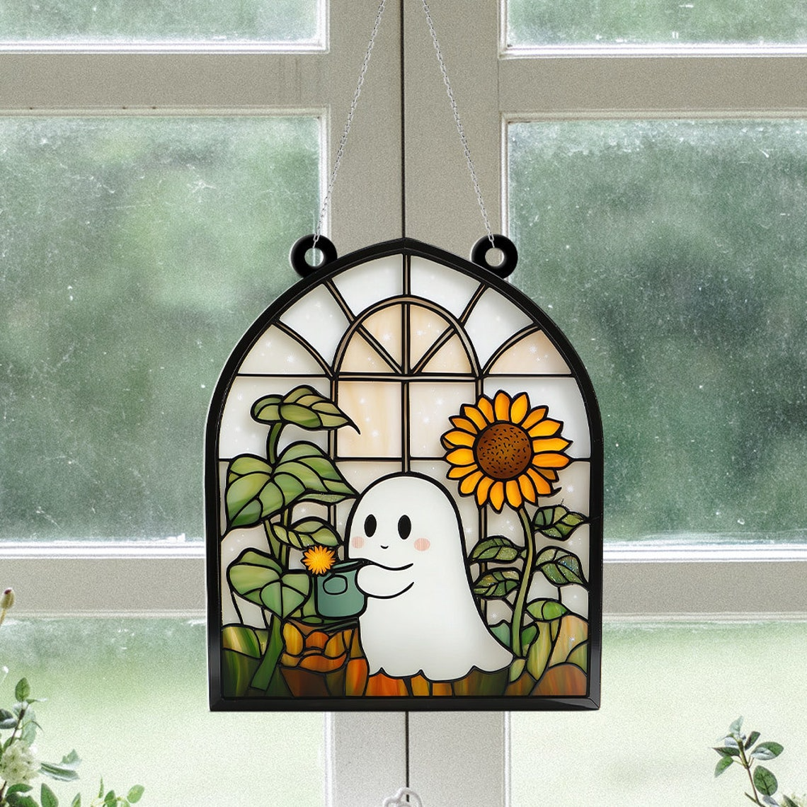 Cute Ghost Planting Halloween Suncatcher, Cute Ghost Suncatcher Decor