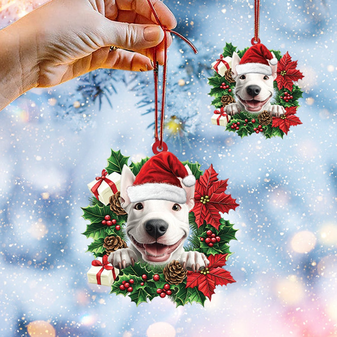 Bull Terrier Dog Christmas Wreath Ornament, Ornament Bull Terrier Dog Christmas Hanging Decor Gift