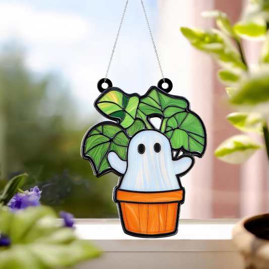 Ghost Plant Window Suncatcher Ornament, Halloween Ghost Planter Ornament