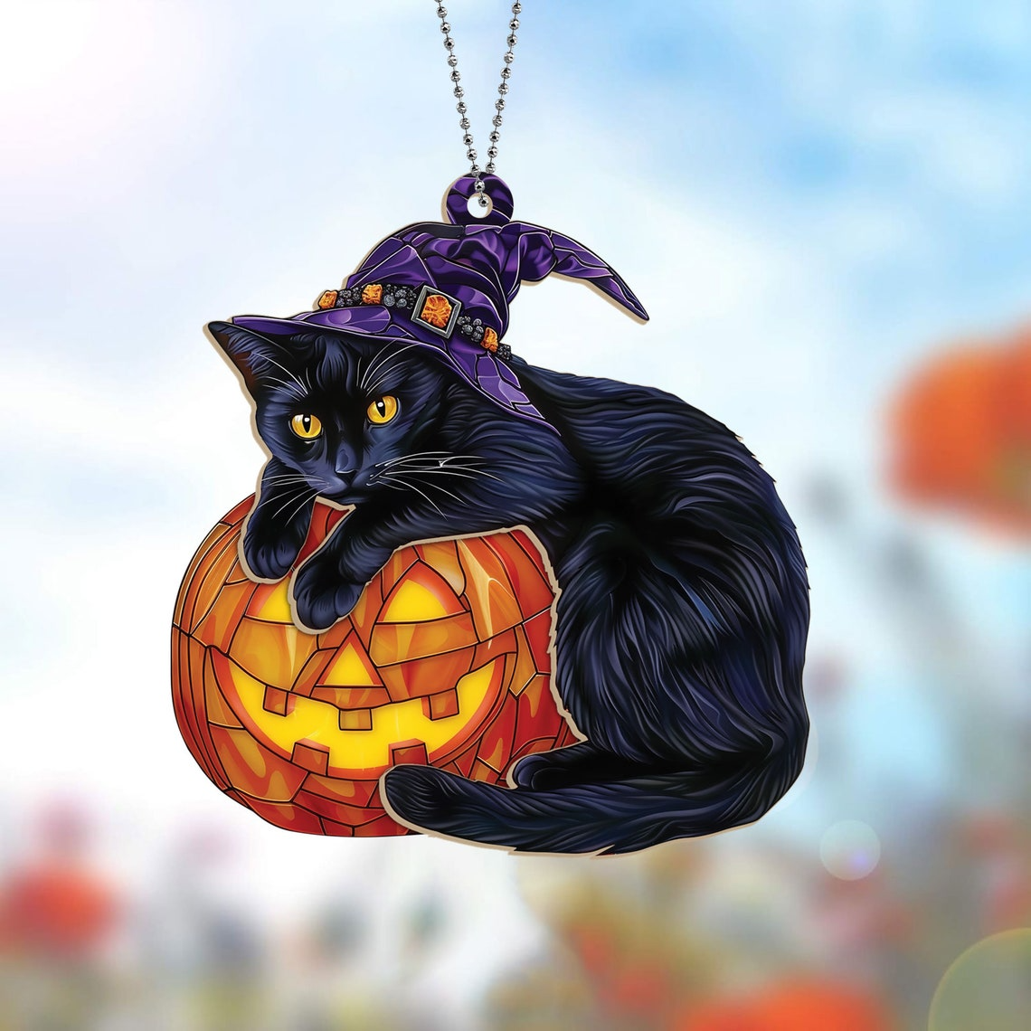 Witchy Cat Hugging Pumpkin Halloween Suncatcher, Halloween Witchy Black Cat Ornament