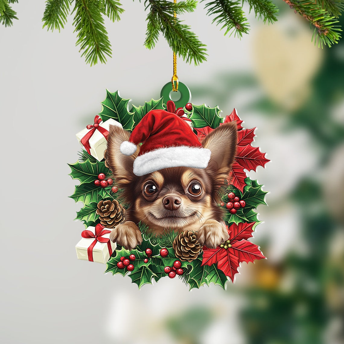 Chihuahua Dog Christmas Wreath Ornament, Baby Cute Chihuahua Dog Christmas Ornament