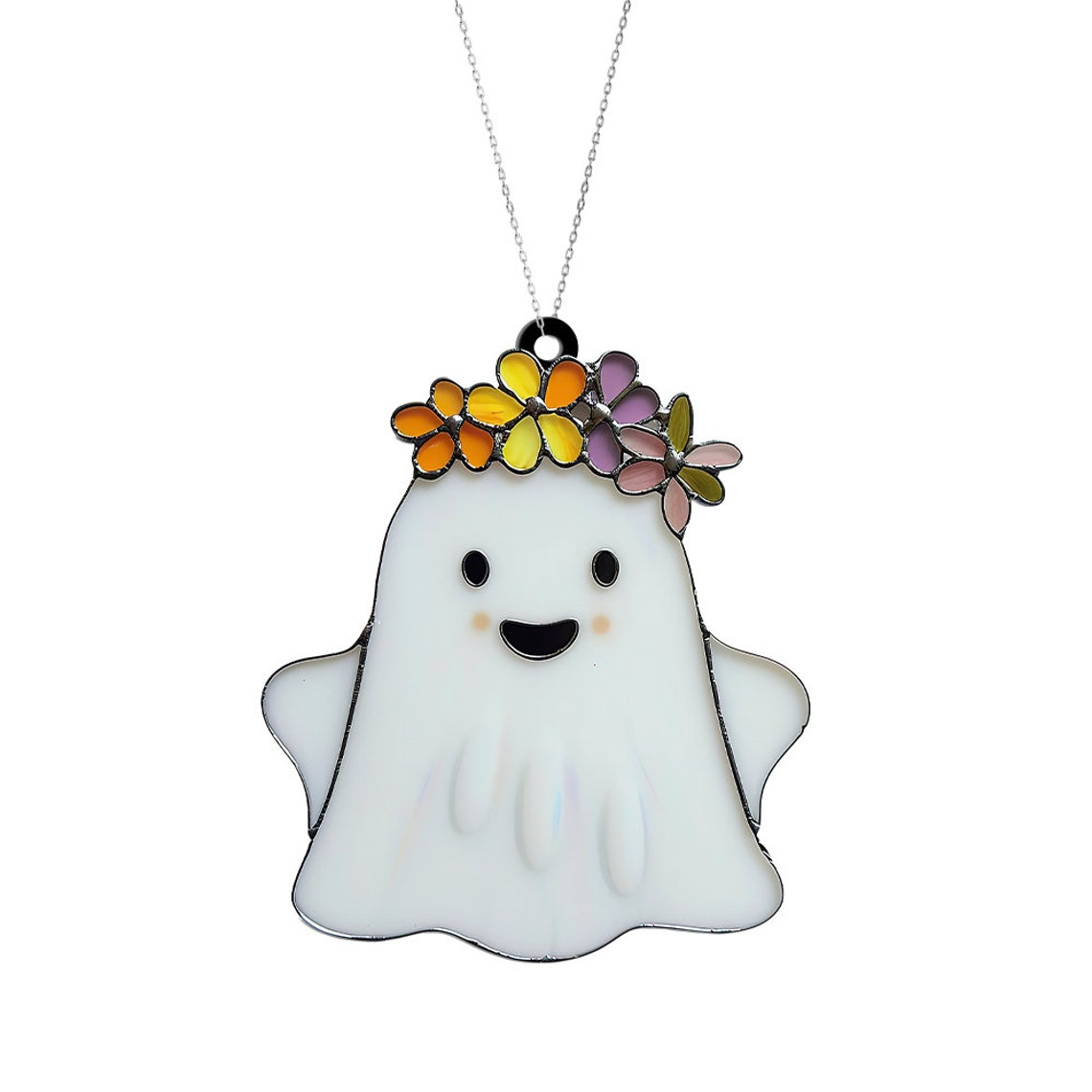 Ghost with Beautiful Smile And Flower Crown Suncatcher, Cute Ghost Halloween Decor