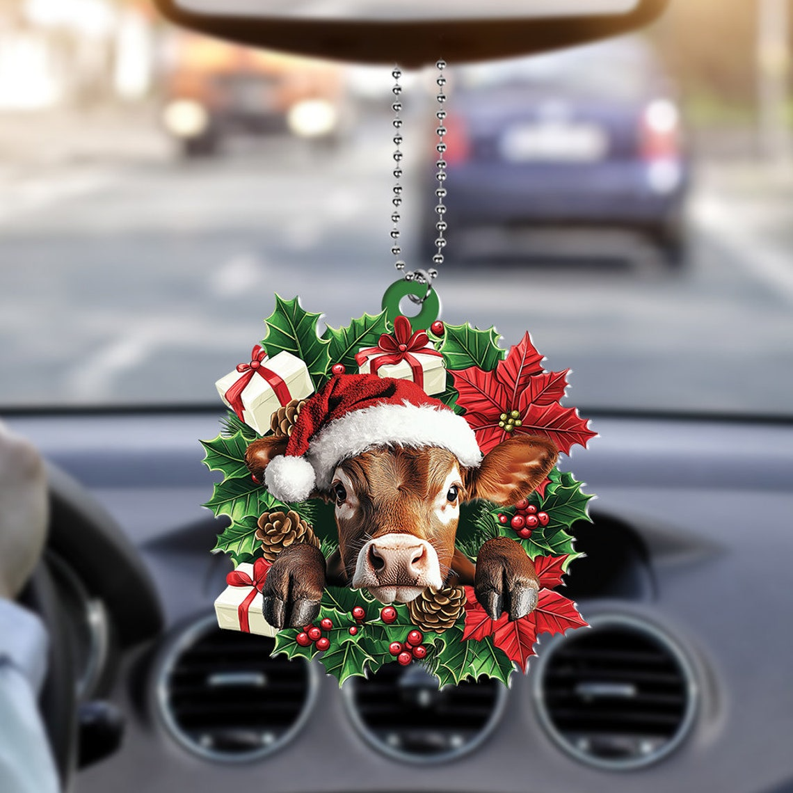 Cow Hanging Christmas Wreath Ornament, Ornament Christmas Cow Rearview Mirror Car Decor