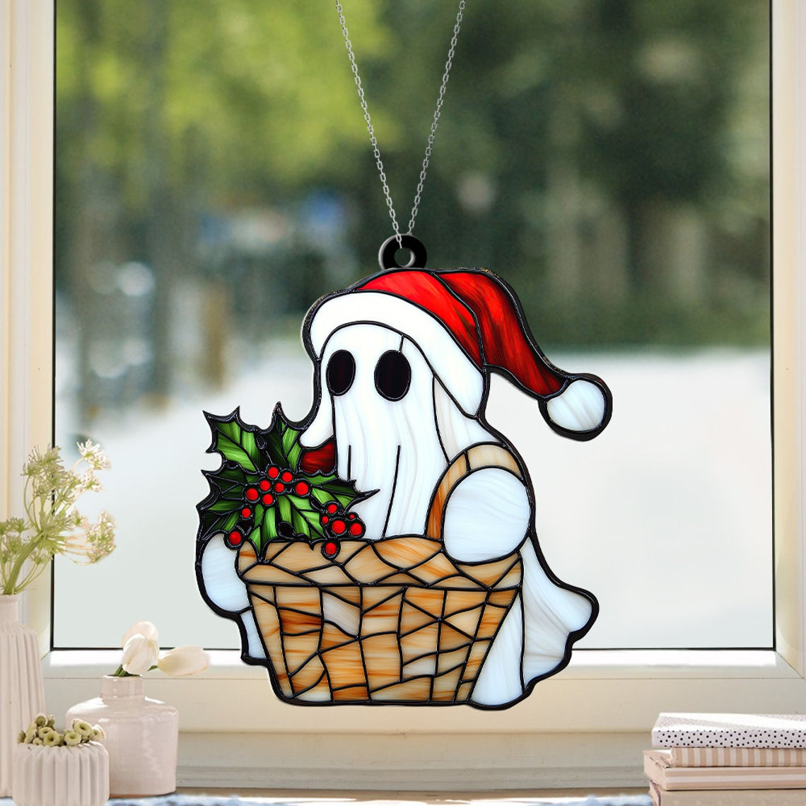 Cute Ghost with Poinsettia Flowers Window Suncatcher, Ghost with Poinsettia Christmas Ornament