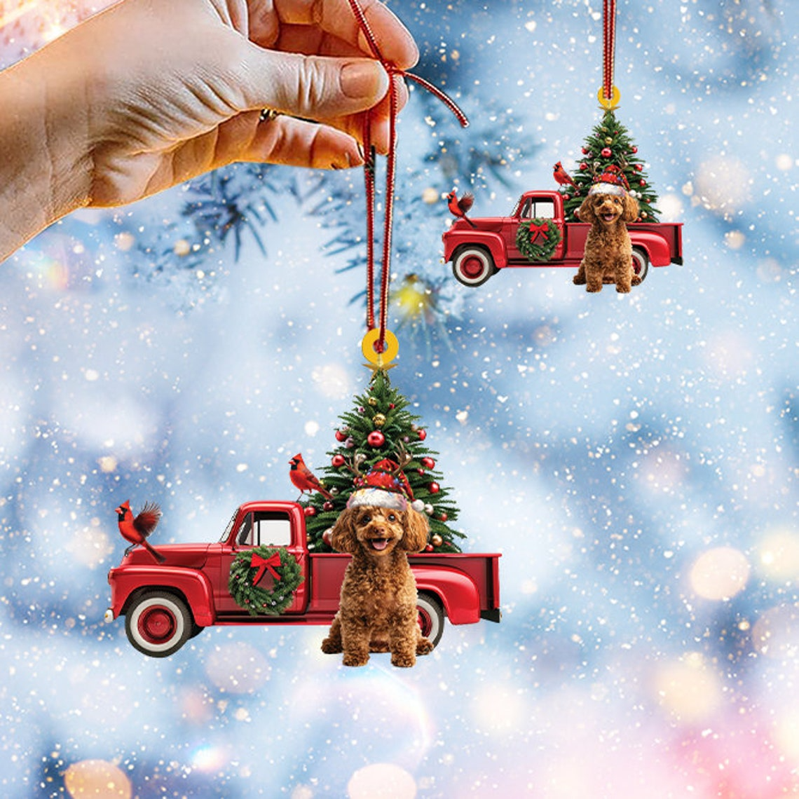 Poodle Dog Red Truck Hanging Christmas Ornament, Poodle Dog Rearview Mirror Car Ornament Decor