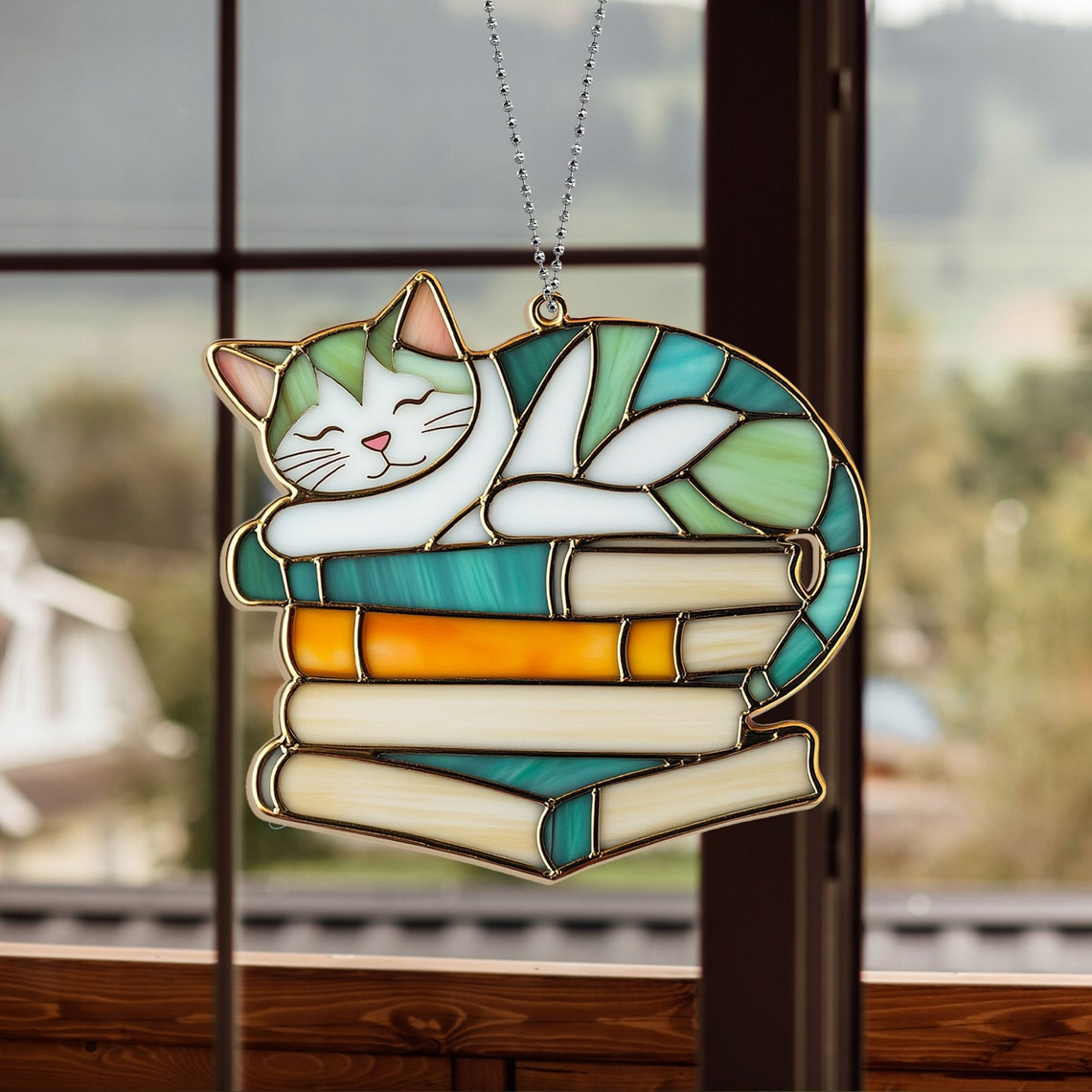 Cat Colorful Sleeping on Books Suncatcher, Cat Sleeping on Books Hanging Decor