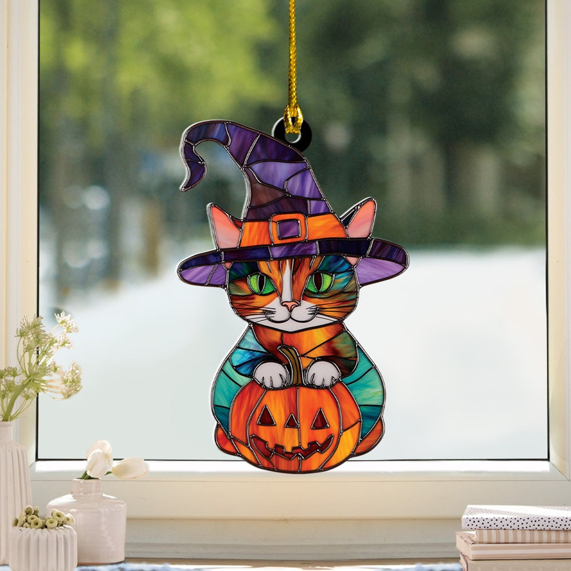 Cat Witch Pumpkin Halloween Suncatcher Ornament, Cat Witch Hanging Ornament Home Decor