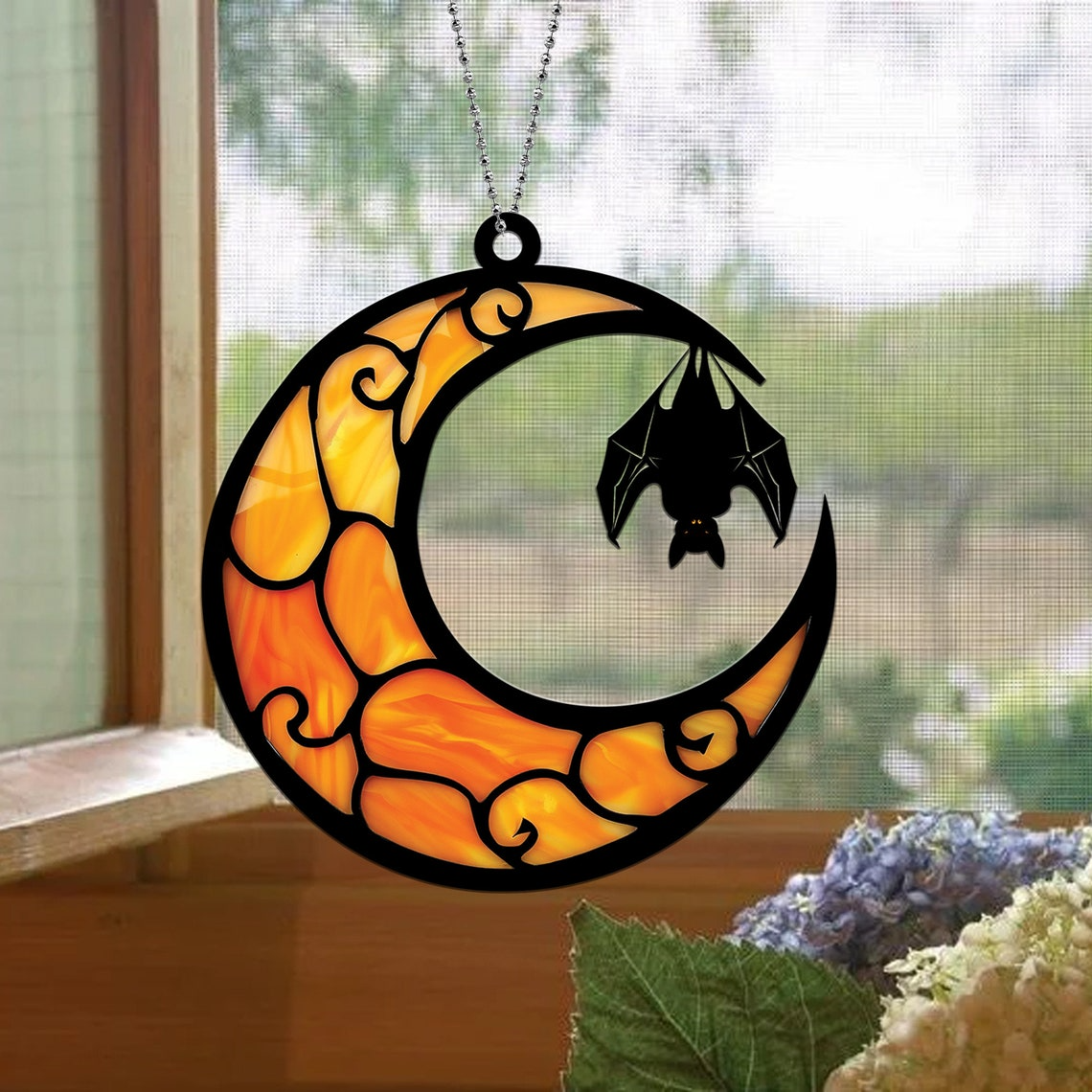 Bat Moon Halloween Window Hanging Suncatcher Ornament, Bat Hanging Ornament Decor