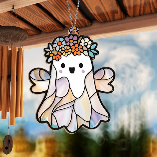 Cute Ghost Girly Halloween Suncatcher Decor, Halloween Ghost Flower Ornament