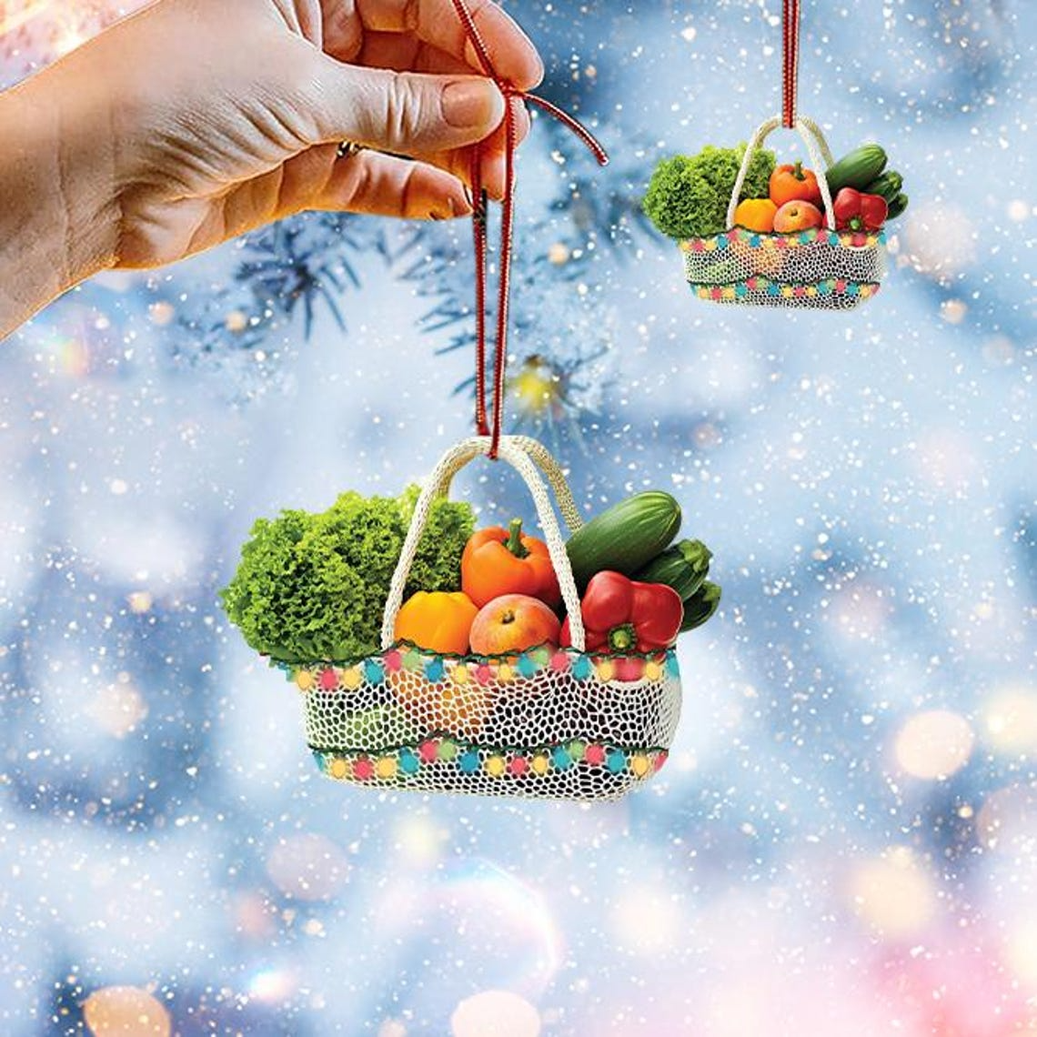 Vegetables Bag Hanging Christmas Ornament, Fruits Bag Christmas Ornament Decor Holiday Gift