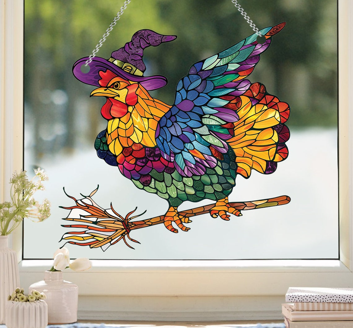 Witch Chicken Flying Halloween Suncatcher Ornament, Halloween Chicken Hanging Ornament