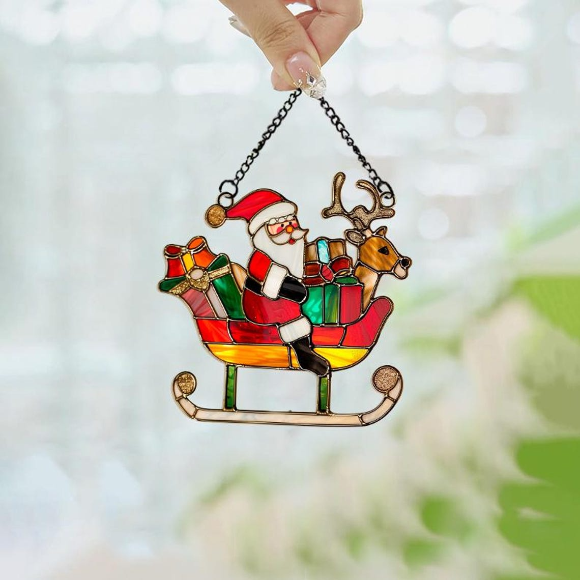 Lovely Santa Sleigh Window Hanging Suncatcher Ornament, Cute Santa Claus Christmas Suncatcher