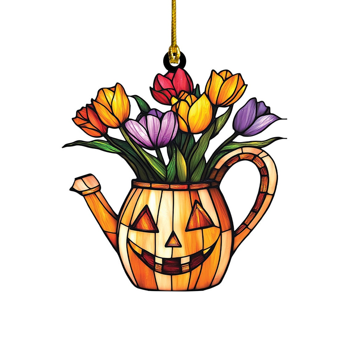 Tulip on Pumpkin Watering Can Suncatcher, Tulip Flowers Ornament Decor