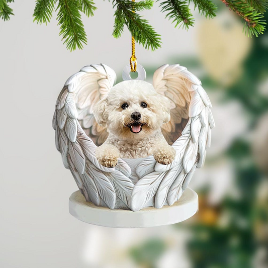 Bichon Frise Dog Angel Wings Christmas Ornament, Bichon Frise Dog Flat Hanging Christmas Ornament