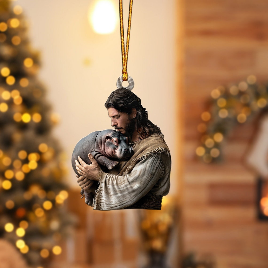 Jesus Holding Moo Deng Christmas Ornament, Cute Hippo Christmas Ornament Decor Holiday Gift