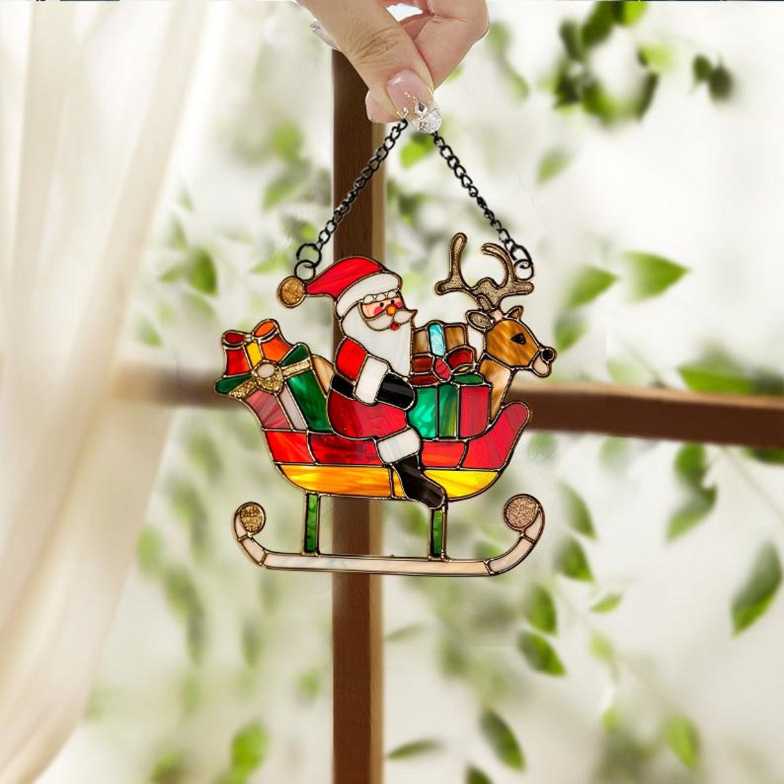 Lovely Santa Sleigh Window Hanging Suncatcher Ornament, Cute Santa Claus Christmas Suncatcher