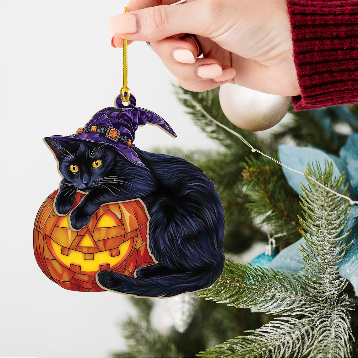 Witchy Cat Hugging Pumpkin Halloween Suncatcher, Halloween Witchy Black Cat Ornament