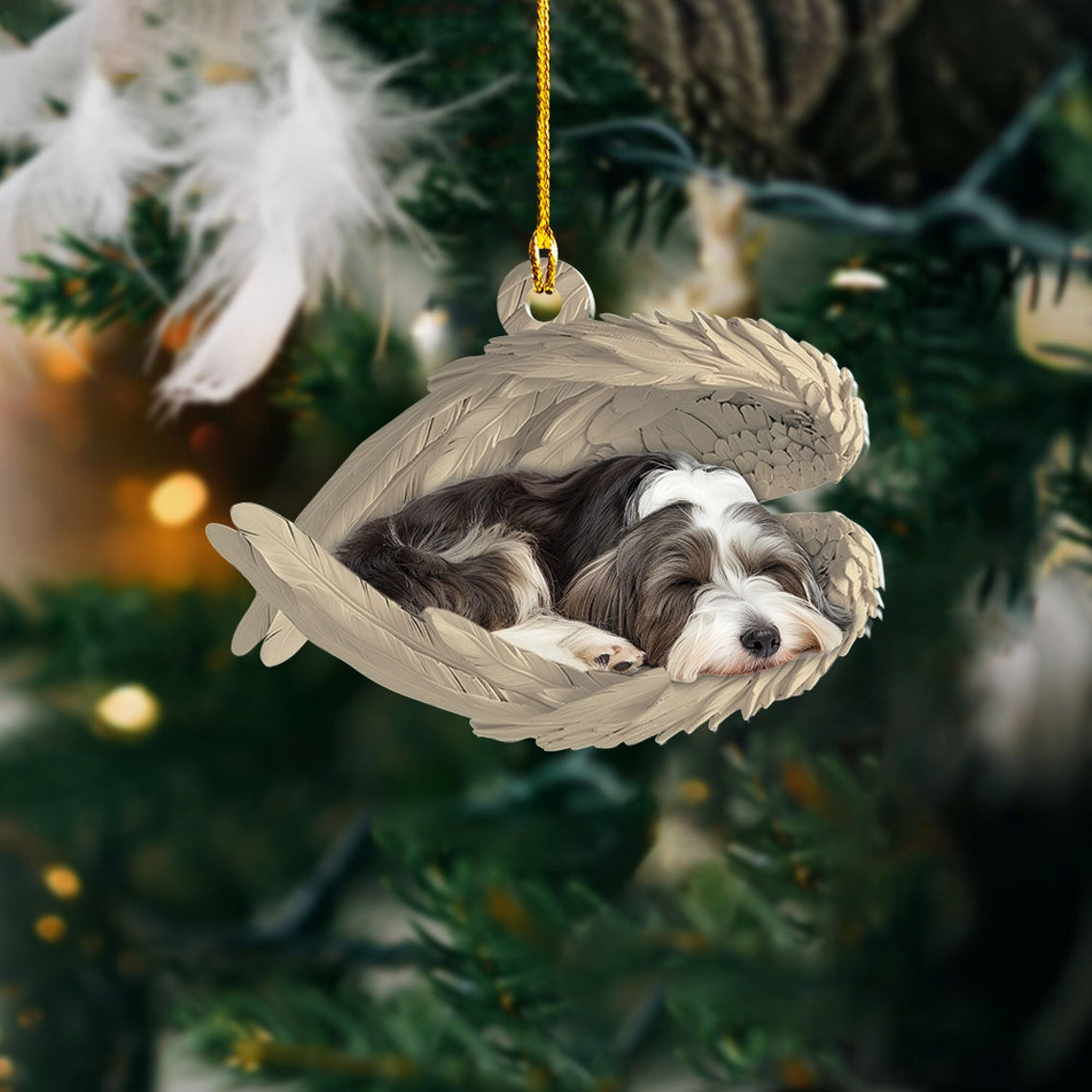 Bearded Collie Dog Sleeping Angel Wings Ornament, Beardie Dog Hanging Christmas Ornament Decor