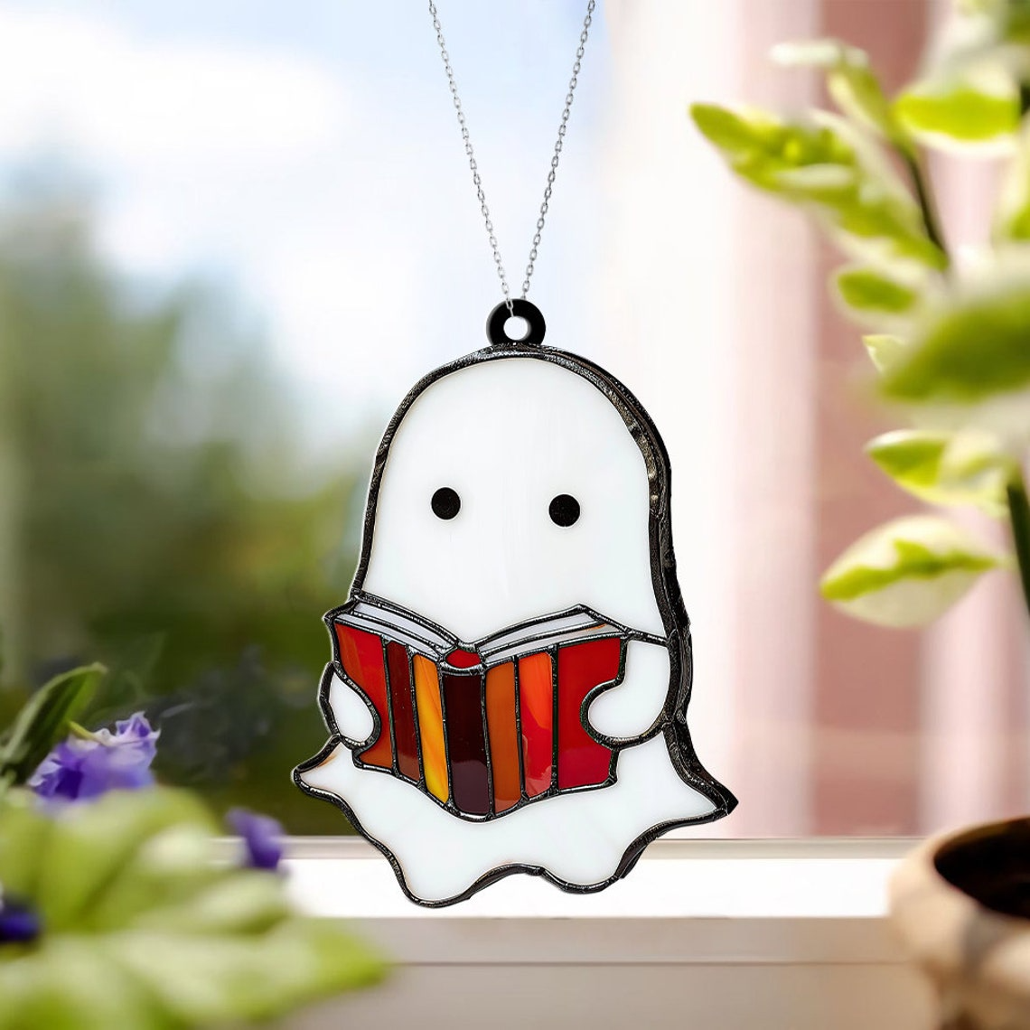 Ghost Reading Book Halloween Suncatcher, Halloween Cute Boo Reading Ornament