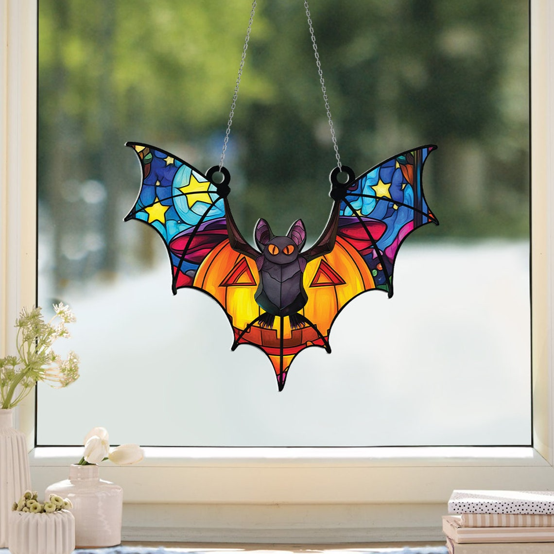 Bat Fly Hanging Suncatcher Ornament, Halloween Window Suncatcher Ornament