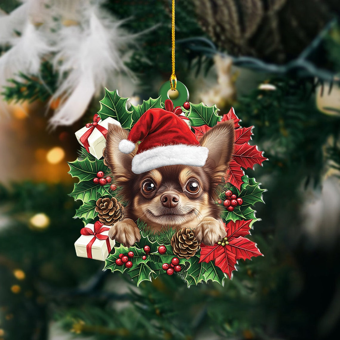 Chihuahua Dog Christmas Wreath Ornament, Baby Cute Chihuahua Dog Christmas Ornament