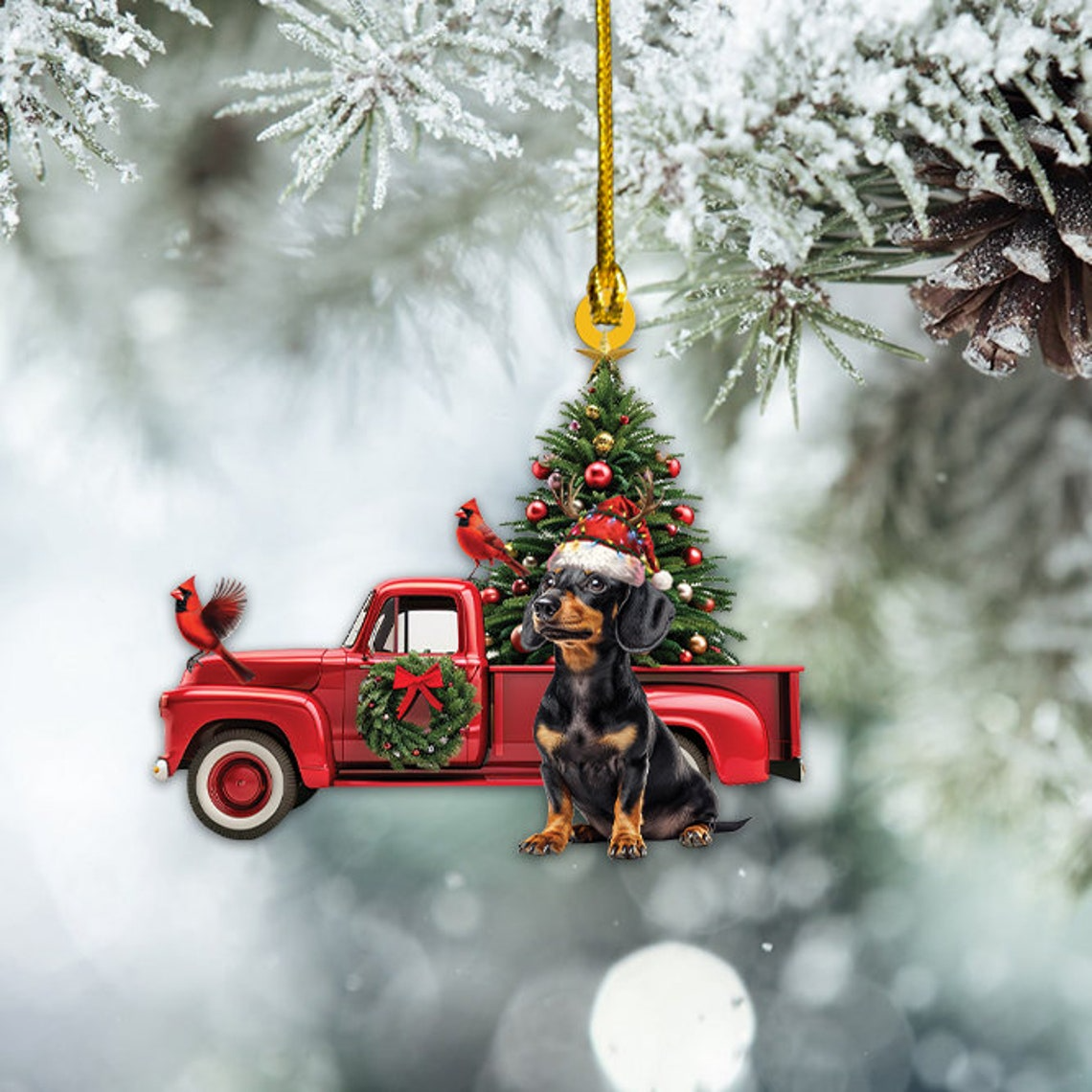 Cute Dachshund Dog Red Truck Christmas Ornament, Cute Dachshund Dog Christmas Ornament Gift