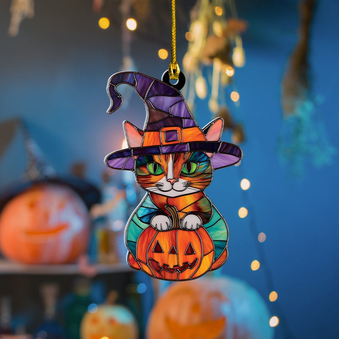 Cat Witch Pumpkin Halloween Suncatcher Ornament, Cat Witch Hanging Ornament Home Decor