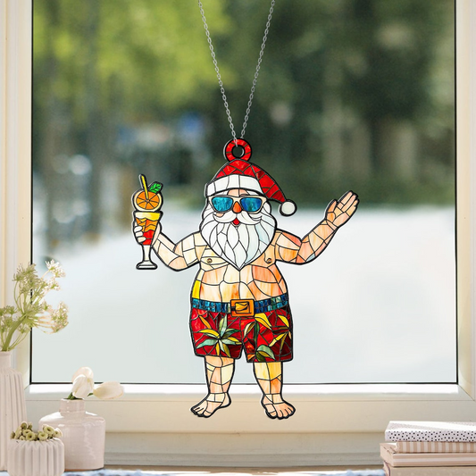 Hawaii Santa Claus with Drink Christmas Suncatcher, Funny Santa Claus Ornament Decor Home