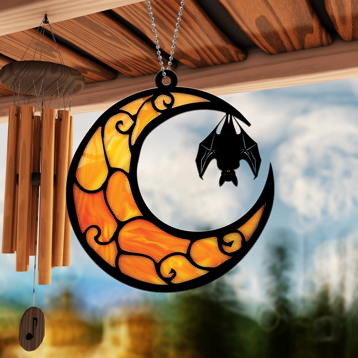 Bat Moon Halloween Window Hanging Suncatcher Ornament, Bat Hanging Ornament Decor