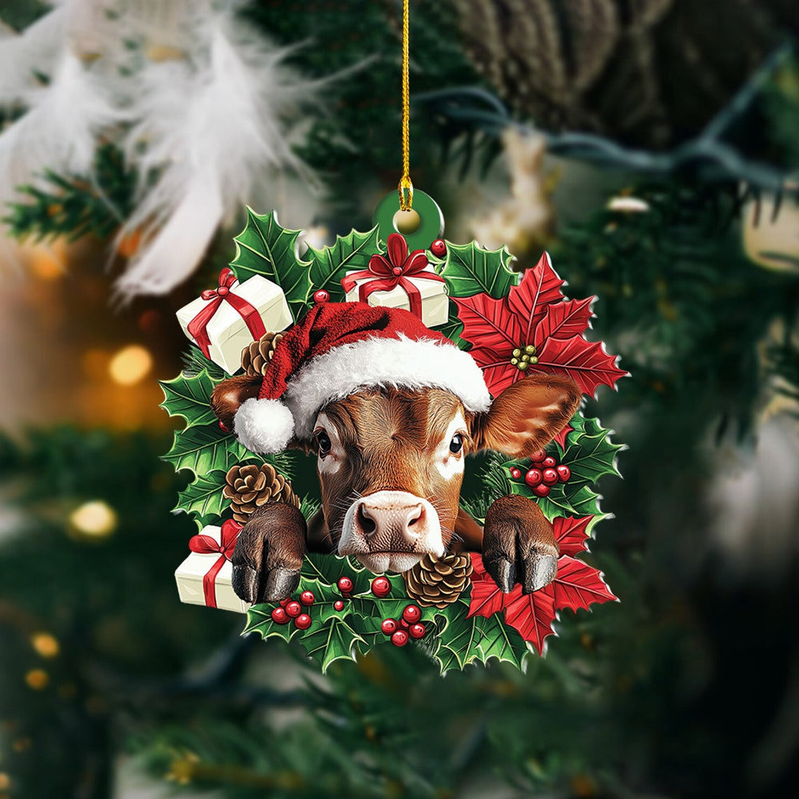 Cow Hanging Christmas Wreath Ornament, Ornament Christmas Cow Rearview Mirror Car Decor