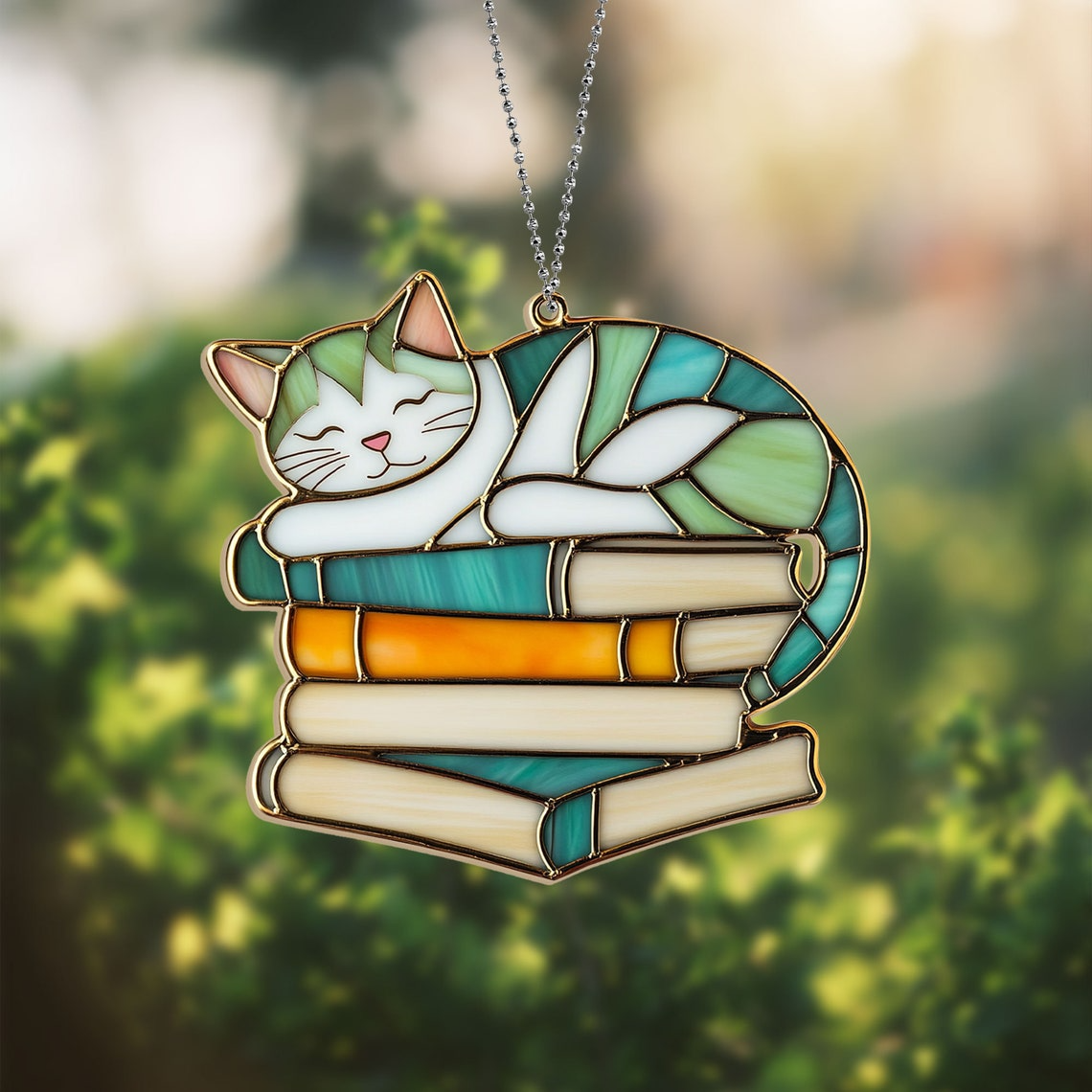 Cat Colorful Sleeping on Books Suncatcher, Cat Sleeping on Books Hanging Decor