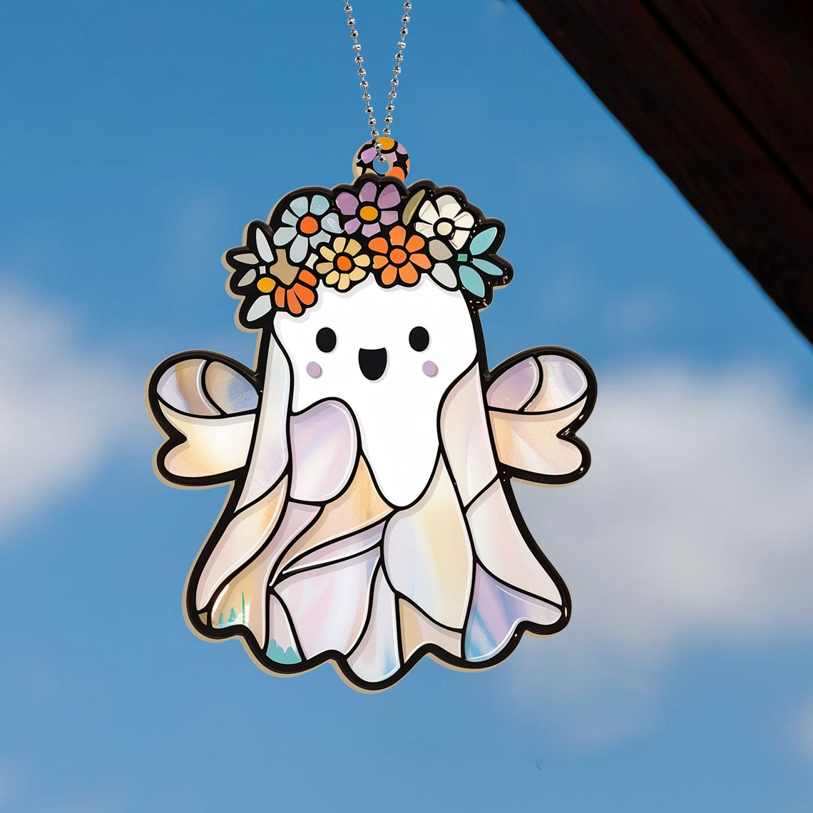 Cute Ghost Girly Halloween Suncatcher Decor, Halloween Ghost Flower Ornament