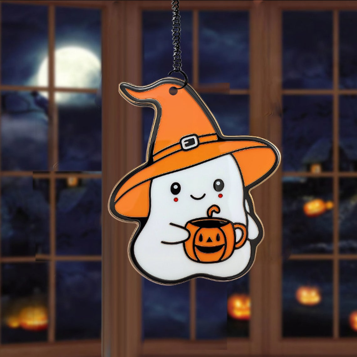 Witchy Ghost Funny and Pumpkin Halloween Suncatcher, Halloween Ghost Hanging Decor