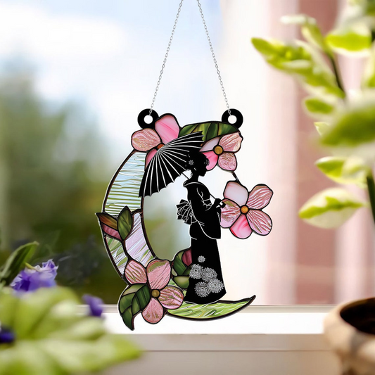 Japanse Girl Pretty Suncatcher, Girl on Kimono Window Hanging Ornament Decor