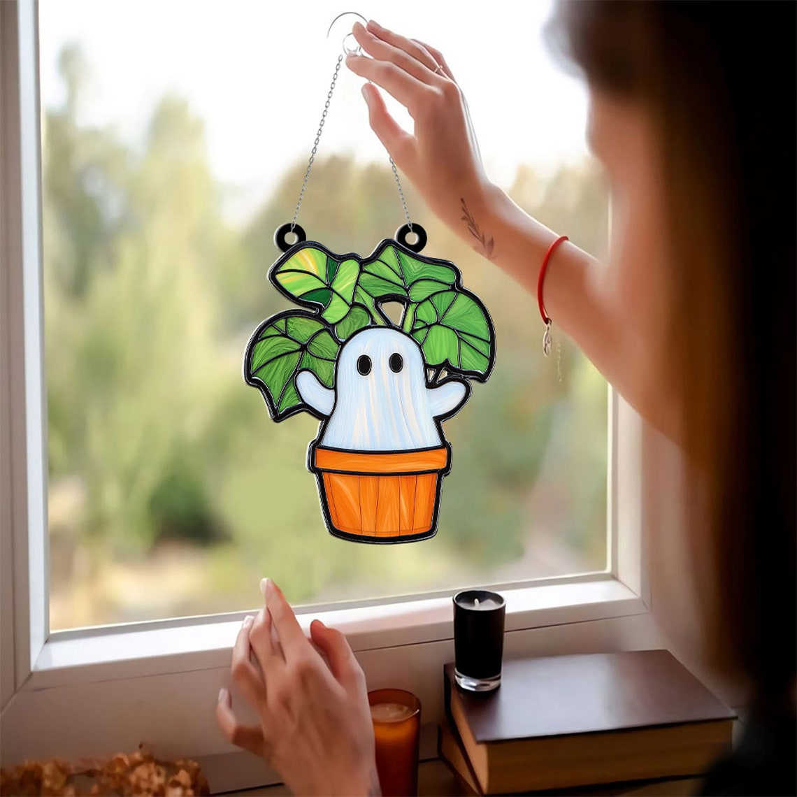 Ghost Plant Window Suncatcher Ornament, Halloween Ghost Planter Ornament