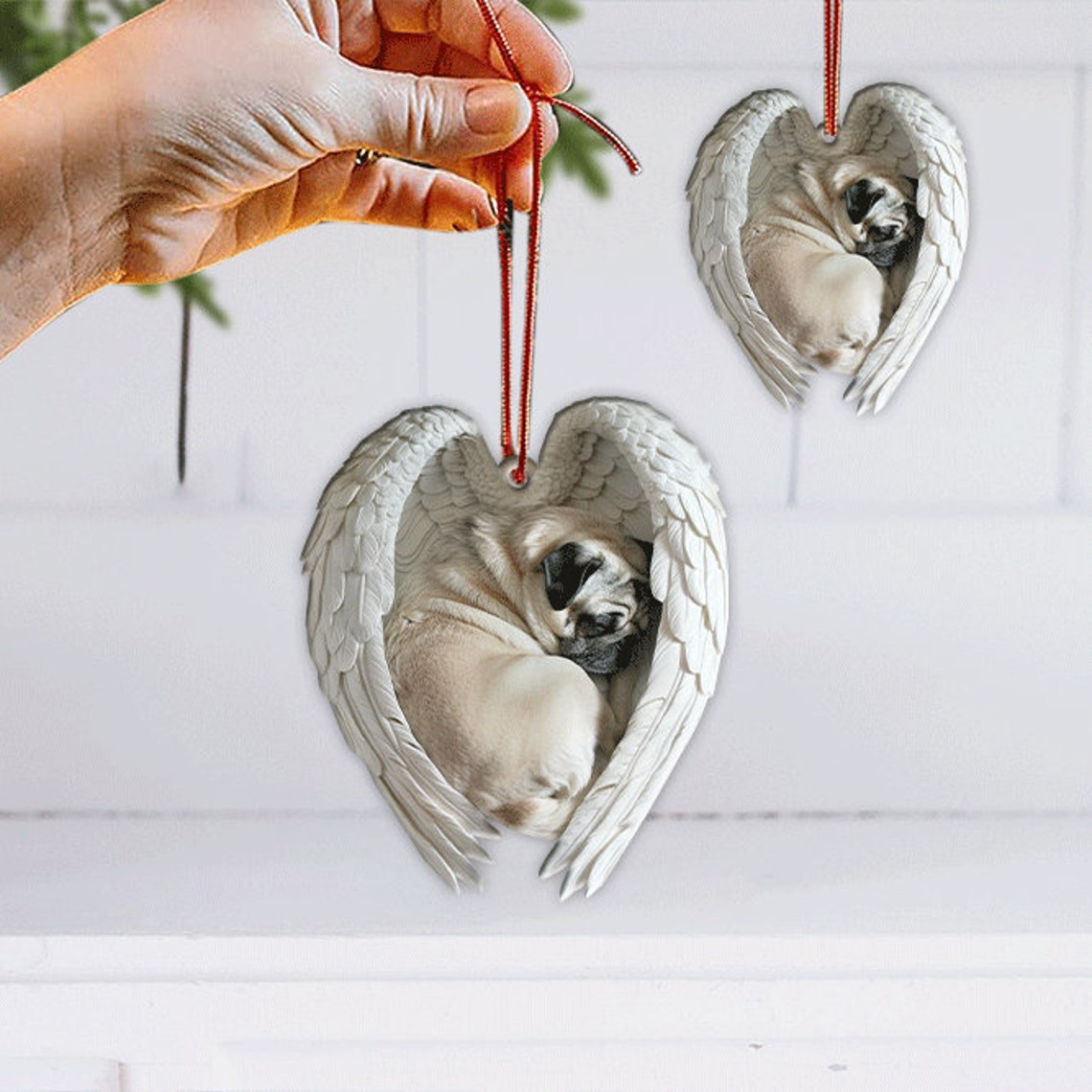 Pug Dog Angel Wings Car Christmas Ornament, Pug Dog Sleeping Angel Hanging Decor Ornament