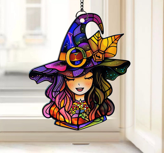 Witch Girl Pretty Halloween Suncatcher, Halloween Witch Window Hanging Ornament