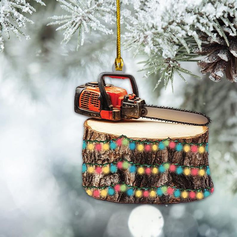 Logs And Chainsaw Hanging Christmas Ornament, Tree Cutter Christmas Ornament Decor Gift