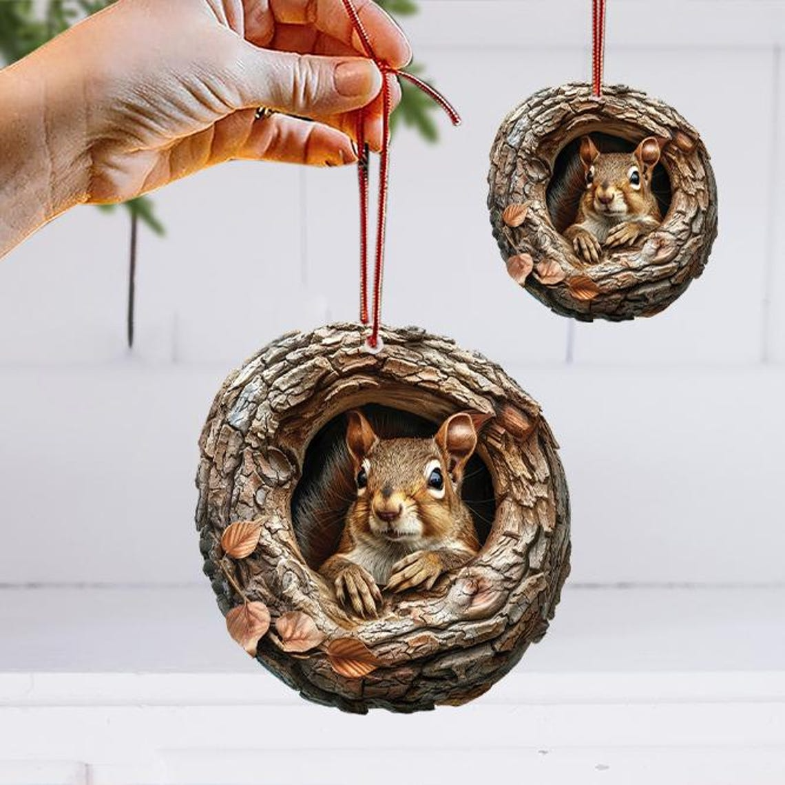 Squirrel in a Hollow Tree Seeing Outside Ornament, Squirrel Hanging Christmas Ornament