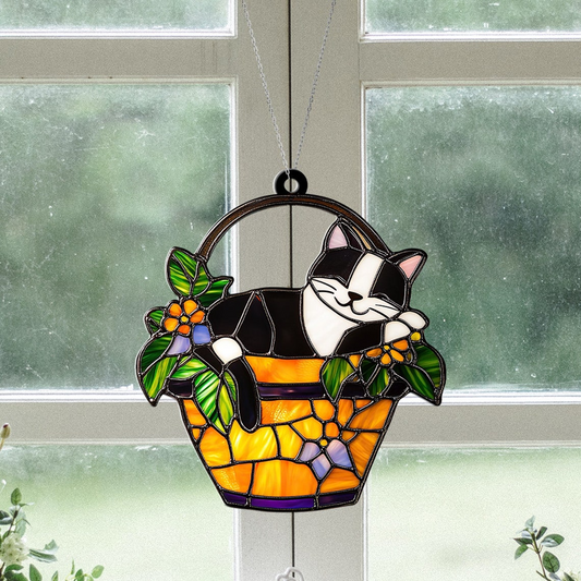 Cat Sleeping on Flower Pot Suncatcher, Cat on Pot Ornament