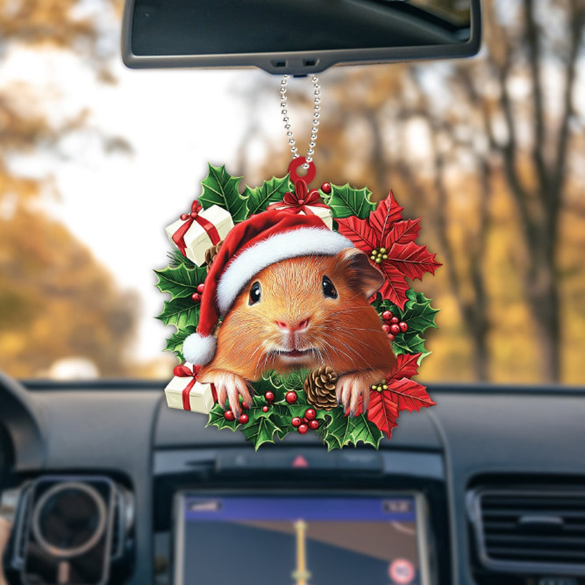 Guinea Pig Christmas Wreath Ornament, Guinea Pig Rearview Mirror Car Ornament Holiday Gift