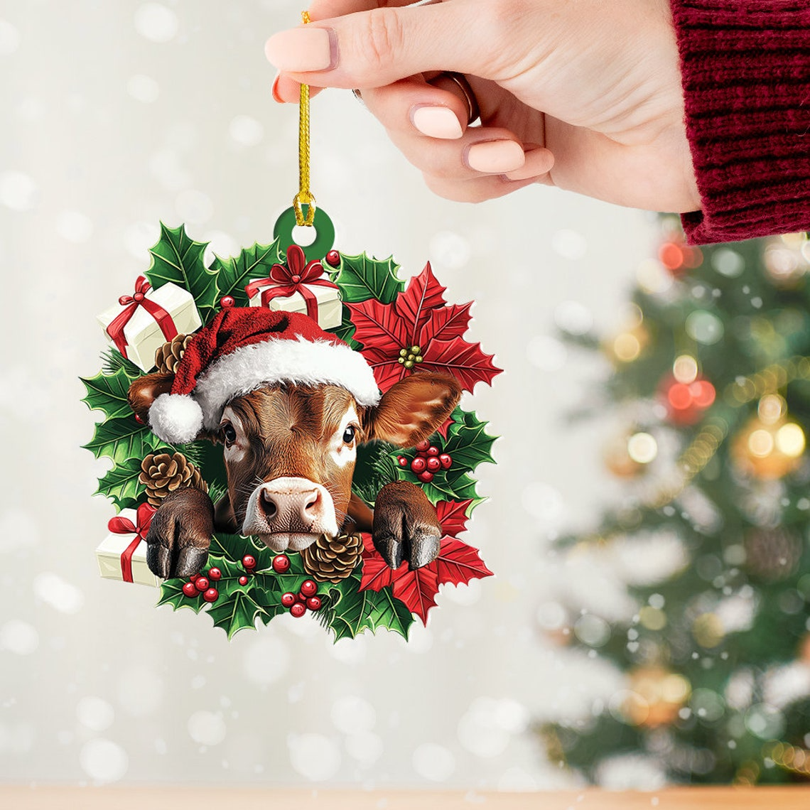 Cow Hanging Christmas Wreath Ornament, Ornament Christmas Cow Rearview Mirror Car Decor