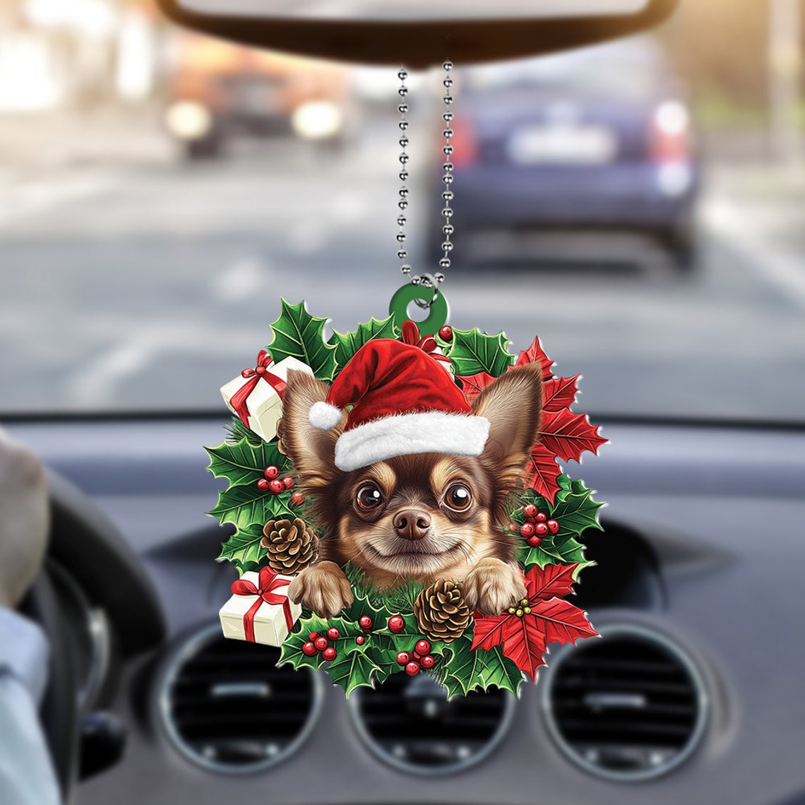 Chihuahua Dog Christmas Wreath Ornament, Baby Cute Chihuahua Dog Christmas Ornament